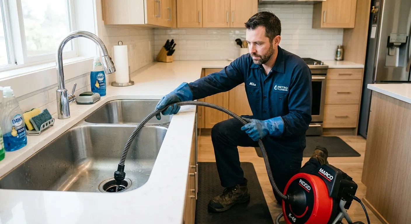 Drain cleaning technician using a motorized snake on a kitchen sink in Delmar