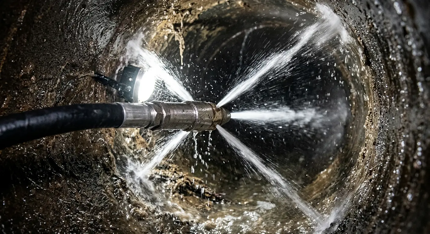 High-pressure hydro jetting nozzle cleaning sewer pipe for Storm Drain Cleaning in Delmar