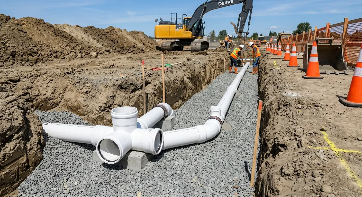 New PVC sewer pipe installation in open trench for Grease Trap Cleaning in Delmar